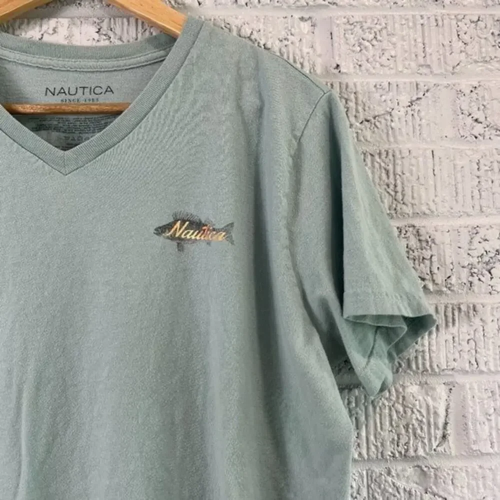 Nautica Medium Teal Fish Shirt Classic Fit V-neck Fishing Tee - Picture 4 of 6